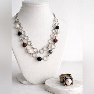 Lia Sophia Elegant Pearl & Bead Necklace with Silpada Ring Set Bundle Ring 6